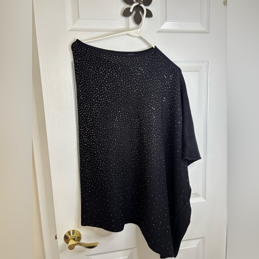 Soft Surroundings Asymmetrical Soft Black Knit Bedazzled Poncho Cape One Size